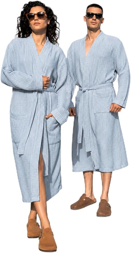 Muslin Unisex Bathrobe Women & Men, 100% Cotton Kimono Lightweight Robe | Long Robes Soft, Absorbent, Spa robes