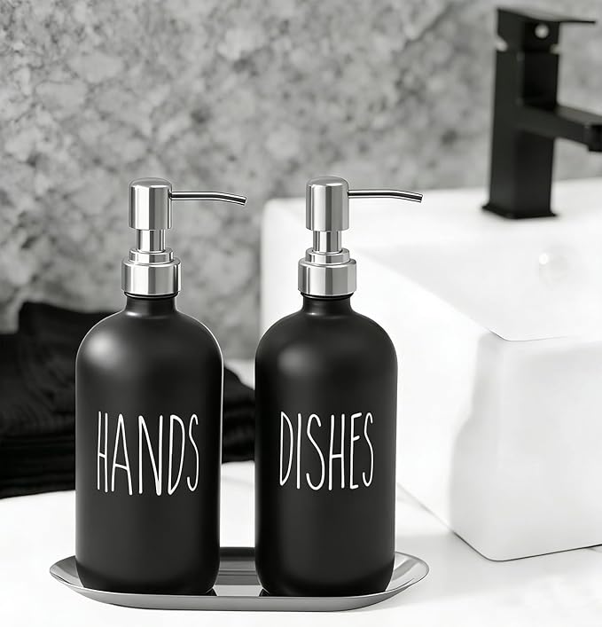 Black Soap Dispenser Set, Glass Soap Dispenser with Stainless Steel Pump & Tray, Farmhouse Hand Soap Dispenser & Dish Soap Dispenser for Bathroom Kitchen Sink(2 Black)
