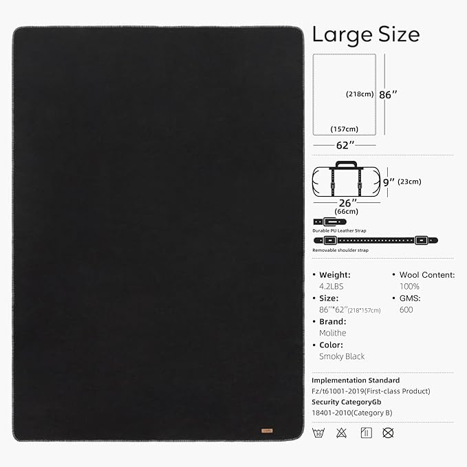 Molithe 100% Wool Blanket, 62" x 86", Warm, Thick, Washable, Military Wool Blanket, Great for Camping, Outdoors, Sporting Events, Survival Kits,Carbon Black