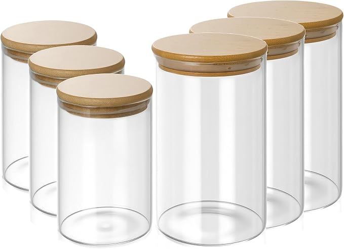 12 Glass Canisters for Food Storage Glass Spice Jars Airtight Bamboo Lids | 36oz [Set of 6] and 17oz [Set of 6] Apothecary Jars, Pantry Organizers and Storage for Overnight Oats, Coffee, Candy, Flour
