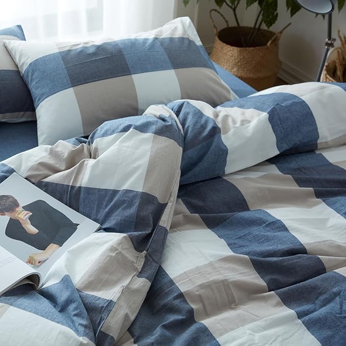 FACE TWO FACE Bedding Duvet Cover Set100% Washed Cotton Duvet Cover Linen Like Textured Breathable Durable Soft Comfy (Twin, Blue and White Grid)