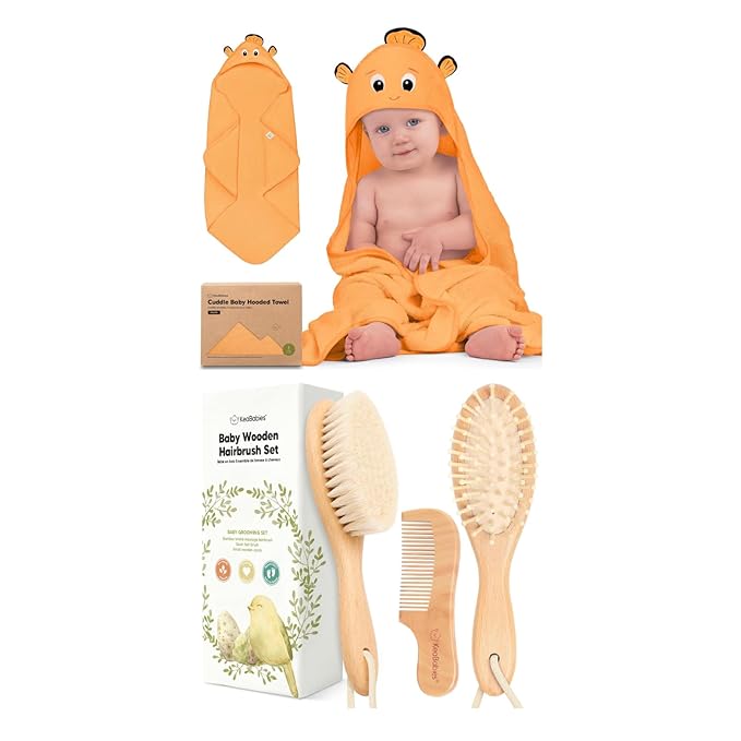 KeaBabies Baby Hooded Towel and Baby Hair Brush and Comb Set - Soft Bath Towels with Hood for Toddlers, Wooden Brush with Soft Goat Bristle for Girls, Boys, Toddlers