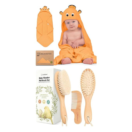 KeaBabies Baby Hooded Towel and Baby Hair Brush and Comb Set - Soft Bath Towels with Hood for Toddlers, Wooden Brush with Soft Goat Bristle for Girls, Boys, Toddlers