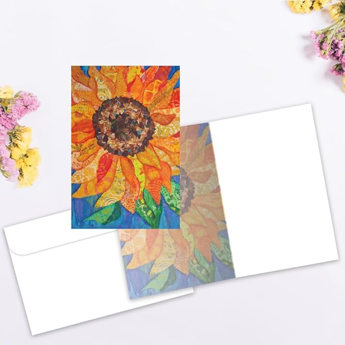 Tree-Free Greetings Vibrant Sunflower All Occasion Cards - 12 Recycled 4x6 Notecards & White Envelopes, Thick Cardstock, Sustainably Made in USA - Colorful Floral Collage