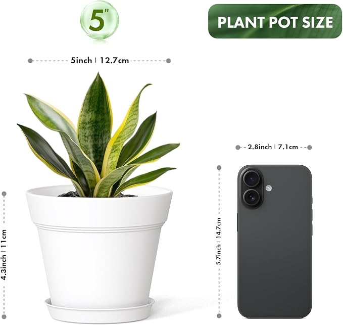 WSMKSZ 5 Inch Plastic Plant Pots with Drainage Holes and Trays – 6 Pack Small Nursery Pots for Indoor & Outdoor House Plants and Flowers, Seedling Starter Planters, White