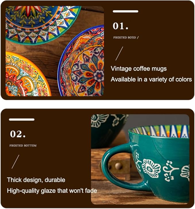 Red Ceramic Mug, Bohemian Hand-Painted, 15 Oz Large Coffee Cup for Milk, Tea, Breakfast, Dishwasher & Microwave Safe Cup
