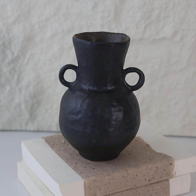 Rustic Small Ceramic Vase, Handcrafted Black Farmhouse Vase, Wabi Sabi Pottery Decor for Kitchen, Bedroom, Office, Living Room, Bathroom, Shelf Centerpiece Table