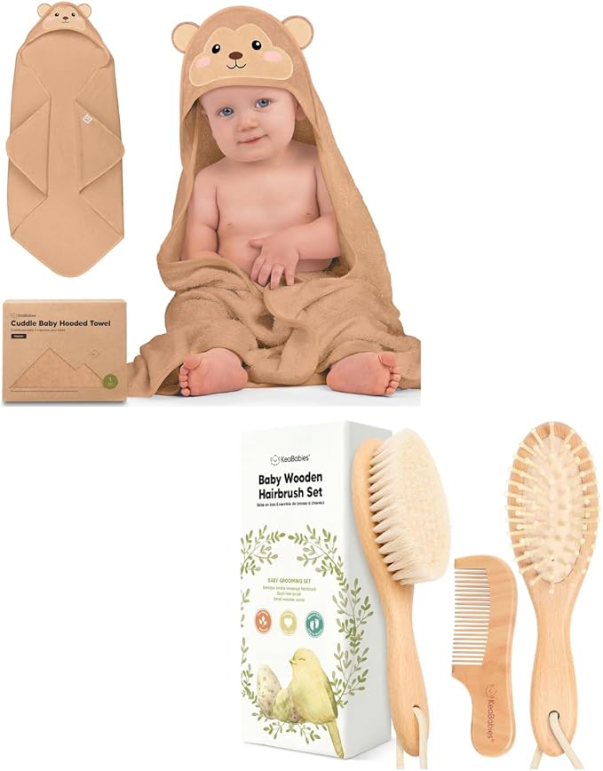 KeaBabies Baby Hooded Towel and Baby Hair Brush and Comb Set - Soft Bath Towels with Hood for Toddlers, Wooden Brush with Soft Goat Bristle for Girls, Boys, Toddlers