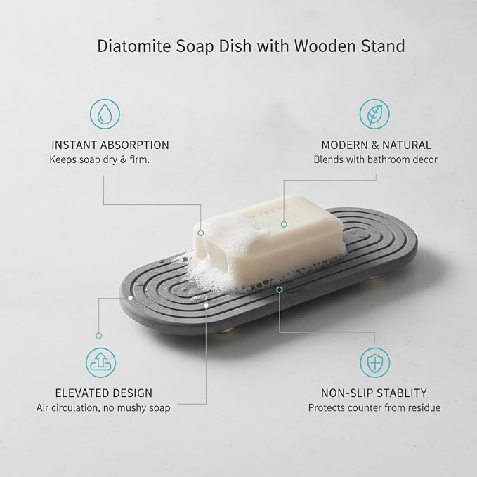 Bathroom Sink Counter Organizer, Diatomite Soap Dish with Wooden Stand, Stone Tray for Bar Soap (1 PC)