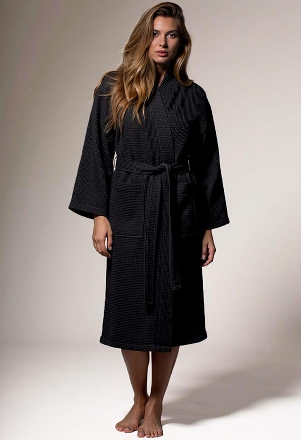 Turquaz Lightweight Waffle Knit Kimono Bathrobe - Soft Cotton Blend Spa Robe, Fast-Drying Full-Length Unisex Robes for Women