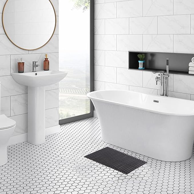 Bath Mat Bathroom Rugs Floor Wood Shower Bathtub Waterproof Non Slip Accessories 16x24 Inch Easy to Clean, Black, 1 pc