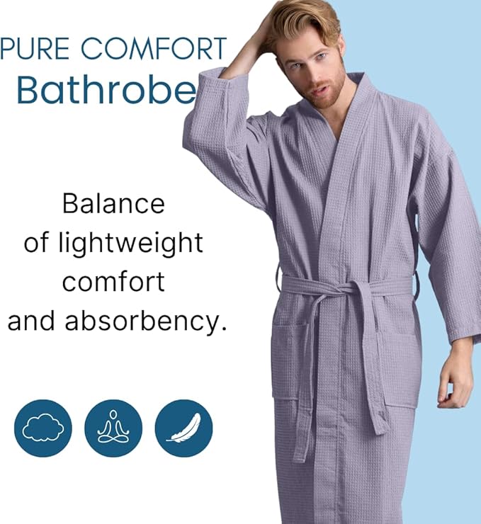 Men's Luxury Waffle Weaved Cotton Bathrobe - Lightweight & Soft - Quick Dry & Absorbent - Spa Robe for Men