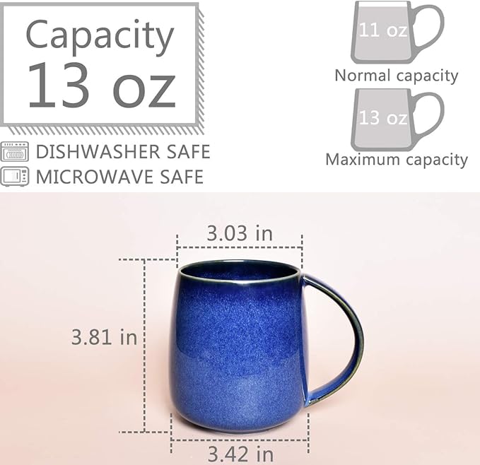 Bosmarlin Ceramic Coffee Mug, Blue Tea Cup for Office and Home, 13 oz, Dishwasher and Microwave Safe, 1 Pack (RoyalBlue(Glossy))