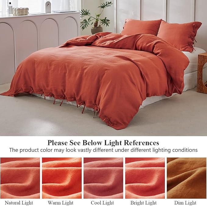 Simple&Opulence 100% Linen Duvet Cover Set 3pcs with Bowknot Ties Closure Natural French Washed Flax Solid Color Soft Breathable Farmhouse Bedding - Brick Red, Queen Size