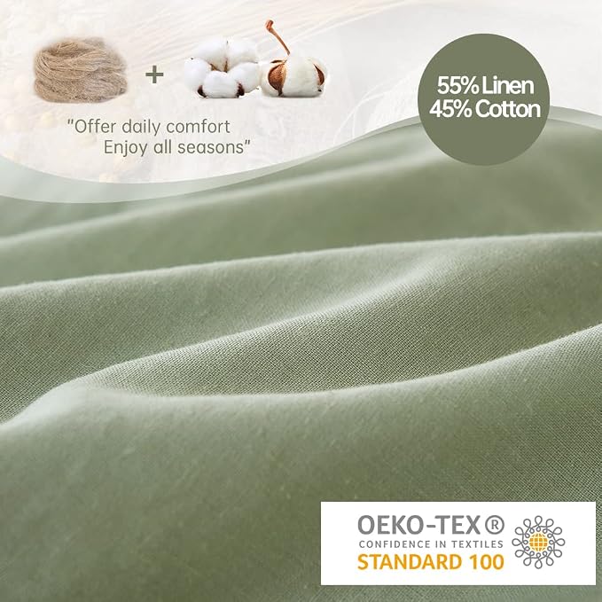 Simple&Opulence French Linen Duvet Cover Set 88" x 92"- 3 Pieces (1 Comforter Cover,2 Pillowcases)- Natural Flax Cotton Blend-Solid Color Breathable Farmhouse Bedding-Mint Green, Queen