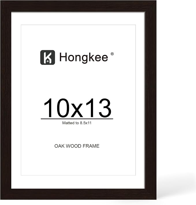 Hongkee 10x13 Oak Wood Picture Frame 1 Pack(Matted 8.5x11) Real Glass Cover | Black, 10 x 13 Solid Wood Frame for Wall or Tabletop Display - Includes Easel Back, Vertical Hang - Ideal for Home, Office
