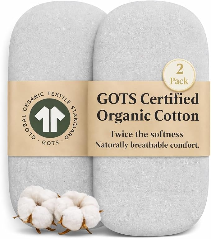 GOTS Organic Bassinet Sheets Compatible with Halo BassiNest Swivel Sleeper, 4moms mamaRoo Sleep Bassinet, Pure Ultra Soft Turkish Organic Cotton