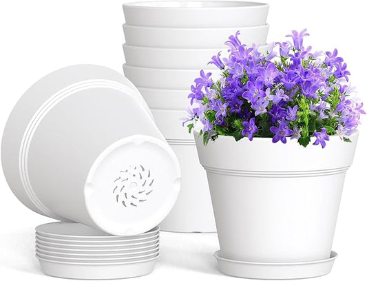 WSMKSZ 4 Inch Plastic Plant Pots with Drainage Holes and Trays – 8 Pack Small Nursery Pots for Indoor & Outdoor House Plants and Flowers, Seedling Starter Planters, White