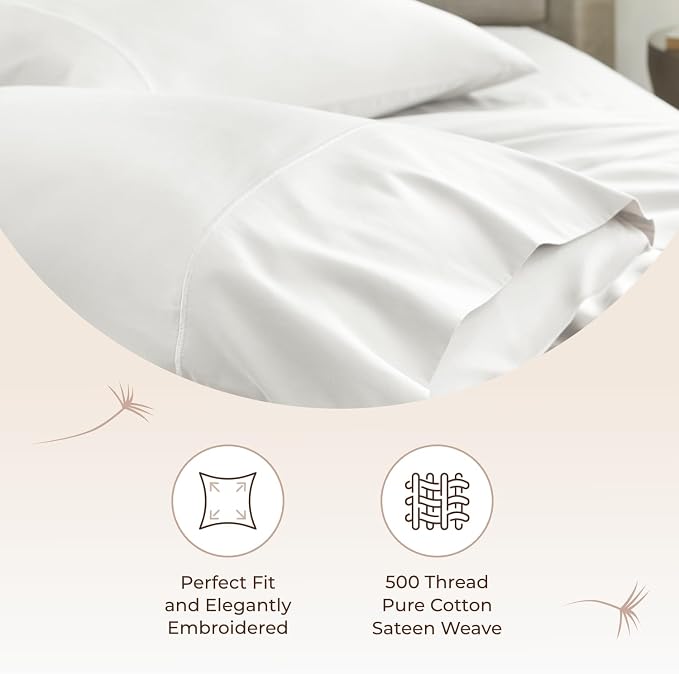 100% Organic Cotton Pillow Cases King Size Set of 2-100% Cotton Pillowcases GOTS Certified 500 Thread Count - Naturally Cooling Comfortable Breathable & Soft Pillow Cases (White, Standard)