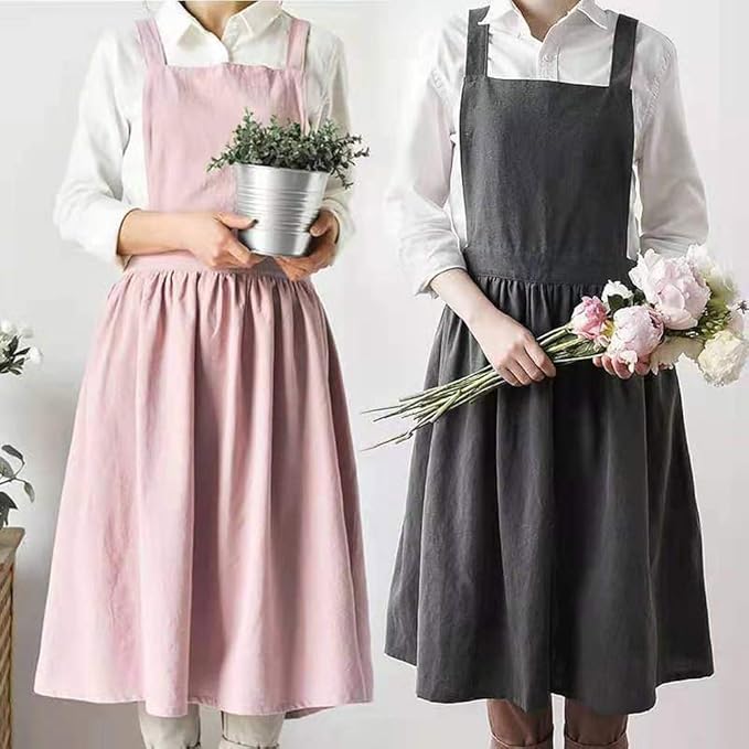 Cotton and linen Kitchen Cooking Aprons Dress for Women with Pockets Cute for Baking Painting Gardening Cleaning