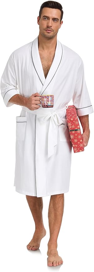 COLORFULLEAF 100% Cotton Men’s Summer Bathrobe Lightweight & Breathable Short Sleeve Kimono Robe with Pockets