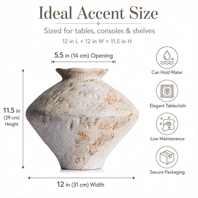 Wabi Sabi Rusty Vintage Vase, 11.4" Tall Wabi Sabi Decor Rustic Farmhouse Pottery Vase for Centerpiece, Textured Pottery Flower Vases for Home Decorative, Table, Living Room (White, Large)