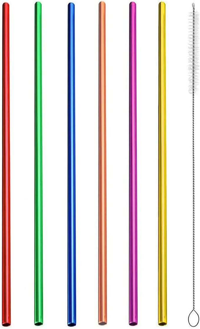 6Pcs Reusable Metal Straws, Drinking Straws, Aluminum Straws, Smoothies Straws, Wide Straws, Rainbow Colorful Straws for Party, Included a Cleaning Brush