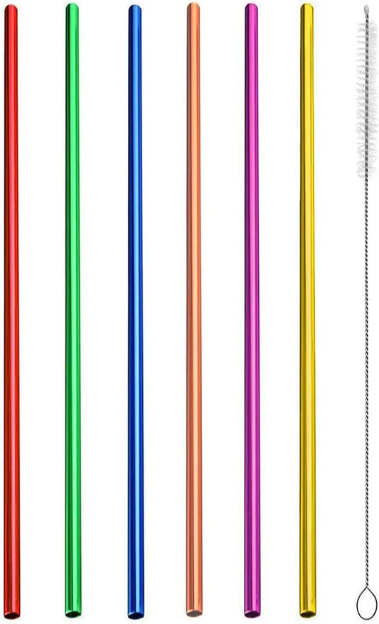 6Pcs Reusable Metal Straws, Drinking Straws, Aluminum Straws, Smoothies Straws, Wide Straws, Rainbow Colorful Straws for Party, Included a Cleaning Brush