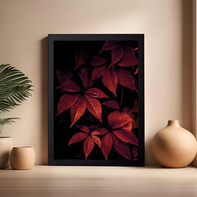 Monem Art Red Autumn Leaves Macro Photography Print - Moody Botanical Nature Poster - Wall Decor for Living Room, Bedroom or Office - 16x20 Black Framed Wall Art by Mareike Bohmer