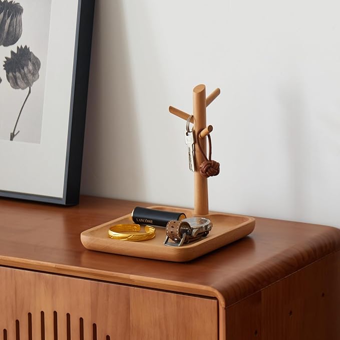 Solid Beech Wood Key Tray and Bowl for Entryway Table - Smooth Polished Branch-Shaped Organizer With Hooks for Keys, Wallet, Jewelry, Glasses (Beech, Square)
