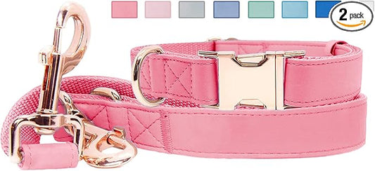 Soft Leather Dog Collar and Leash (6.6') Set - Stylish Rose Gold Heavy Duty Metal Buckle, 4 Adjustable Lengths Leash for Small Medium Large Dogs - Comfortable & Easy to Clean Dark Pink M(13.8"-19.7")