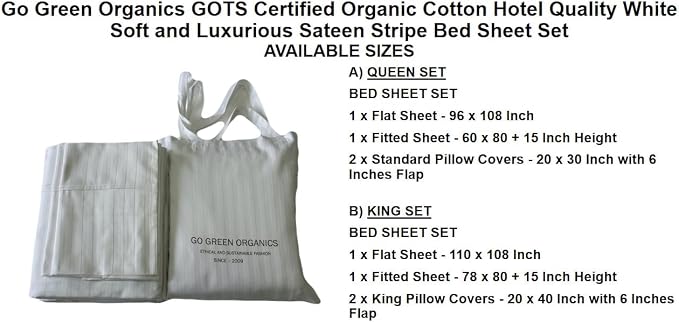 Organic Cotton Comfortable and Soft Sateen Stripe Bed Sheet Set - Luxury Hotel Quality - GOTS Certified - White - Deep Pocket - Easy Care - Queen