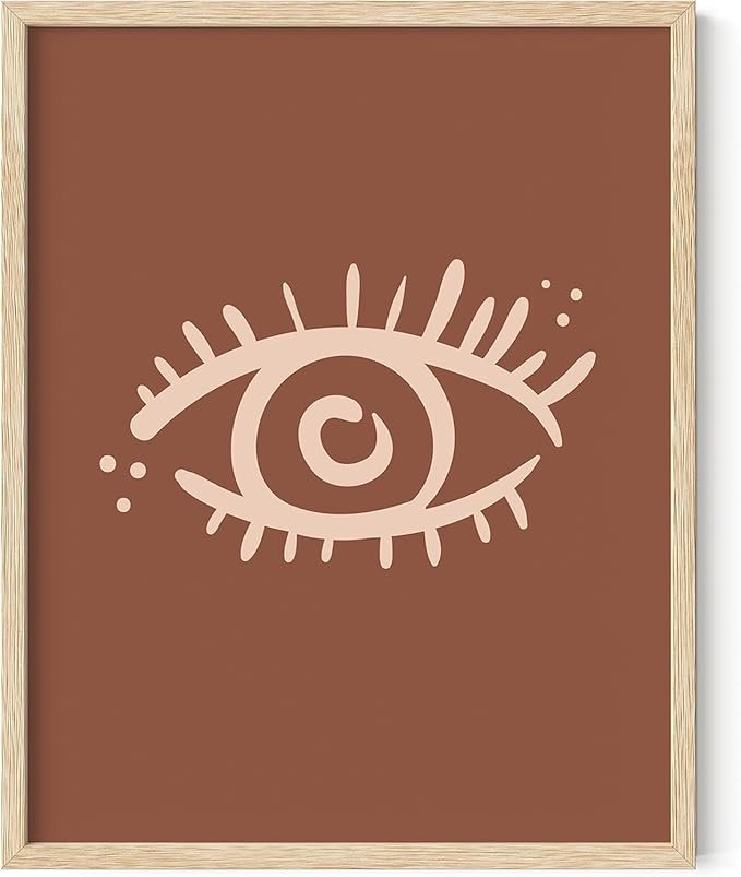 Mystical Evil Eye Wall Art Nazar Protection Symbol Earth Tones Terracotta Mid Century Modern 11x14 Inch Oak Wood Beige Framed Boho Spiritual Decor Print for Home