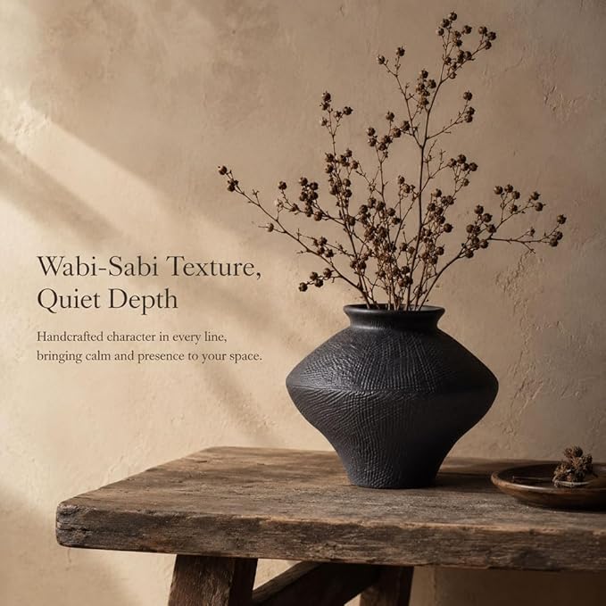 Wabi Sabi Vintage Black Vase, 6.3" Tall Wabi Sabi Decor Rustic Farmhouse Pottery Vase for Centerpiece, Textured Pottery Flower Vases for Home Decorative, Table, Living Room, Bedroom, Bathroom, Kitchen