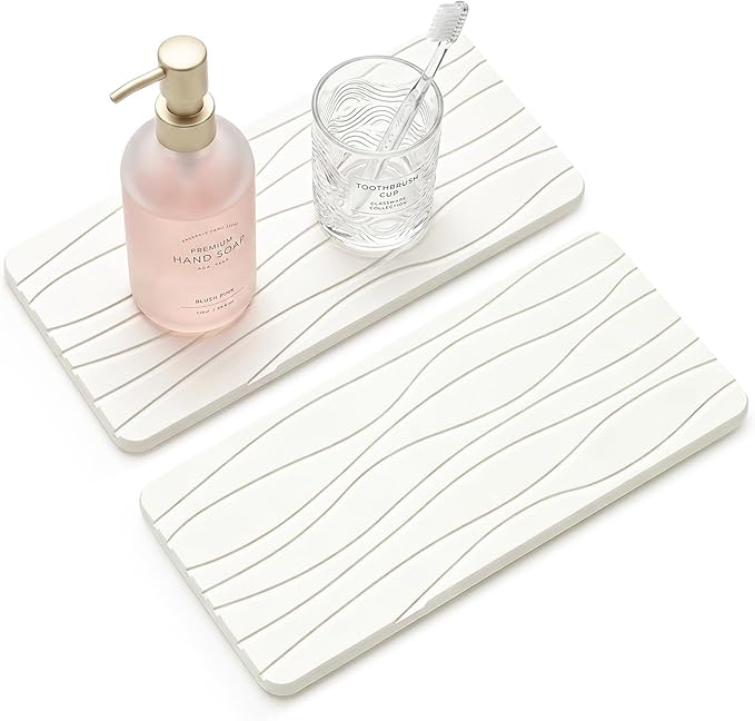Water Absorbing Stone Tray for Bathroom Sink Stone Drying Mat for Kitchen Counter Diatomite Sink Soap Dispenser Trays Quick Dry Mat Kitchen Decor Diatomaceous Earth Vanity Tray Bathroom Accessories