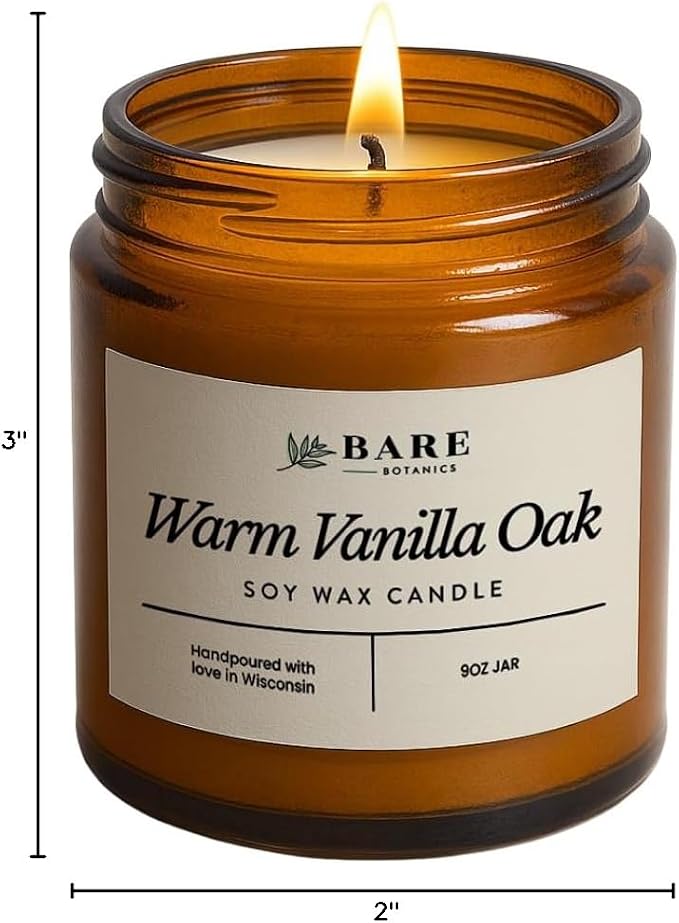 Bare Botanics 9oz Non Toxic Soy Candle Warm Vanilla Oak - 40+ Hour Burn | 100% Plant-Based Fragrance Oils | Handpoured in Wisconsin | Clean-Burning Soy Wax