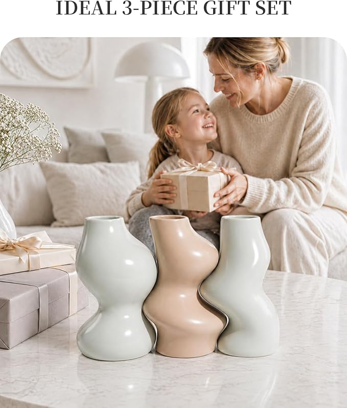 BosilunLife Decorative Vase Set of 3, Nested Interlocking Recycled Ceramic, Smooth Glossy Pastel Modern Decor, Sage Green & Khaki Centerpiece for Bookshelf