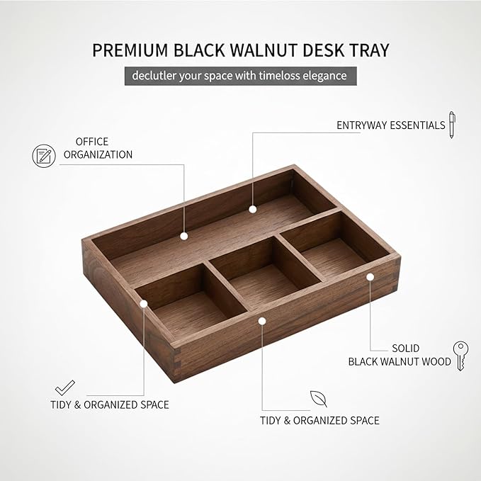 Solid Black Walnut Wood Desk Organizer Tray for Office, Entryway, and Home Storage