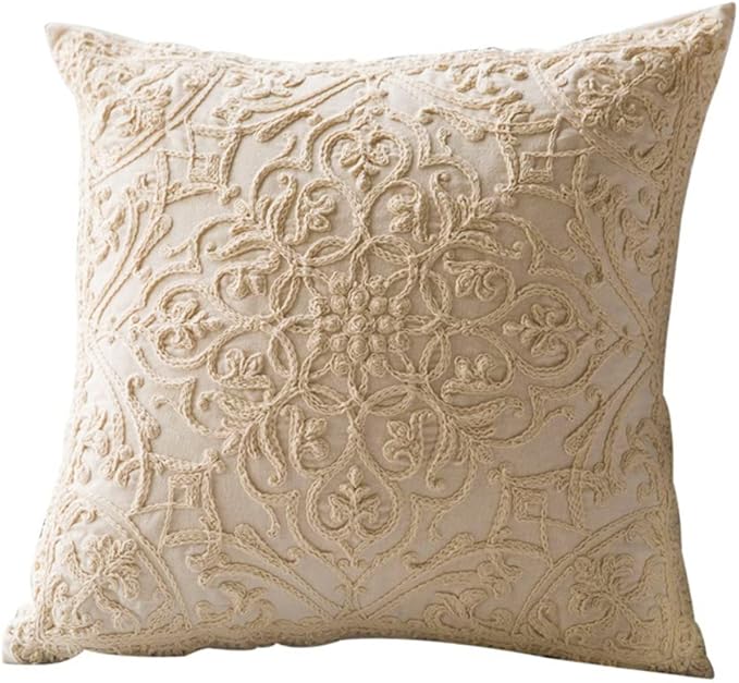 DOKOT Embroidery Throw Pillow Covers Square Cushion Case 100% Cotton with Zipper for Home Decorative 20x20 inches(50x50cm) Beige