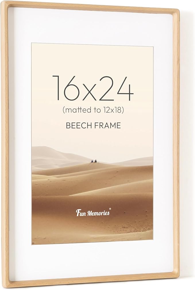 16x24 Poster Frame, USA-Sourced Beech Wood Picture Frame with HD Tempered Glass, Handcrafted Rounded Corner 16 x 24 Wooden Frame Matted to 12x18 Photos, Horizontal or Vertical Wall Display