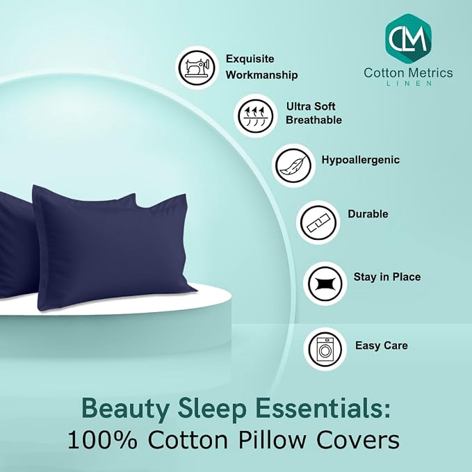 2 Pack Pillow Shams King Size 20x40 – 600 Thread Count 100% Organic Cotton Navy Blue Pillow Covers with 2 Inch Decorative Flange, Soft & Smooth Premium Hotel-Quality Pillowcases Set of 2