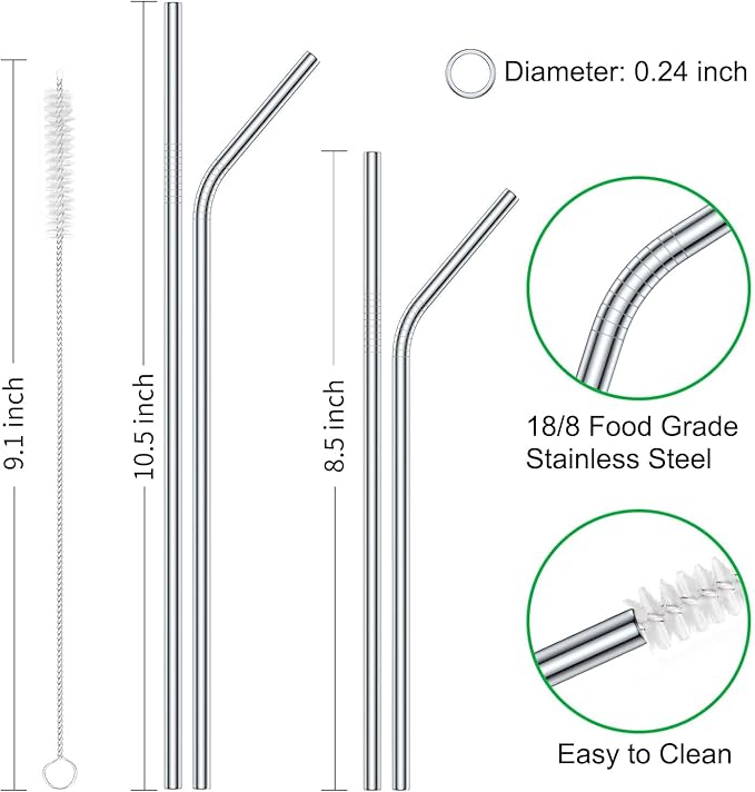 Vinaco Stainless Steel Straws Reusable, 12 Pack 8.5" & 10.5" Metal Straws 0.24" for 20 oz - 32 oz Tumblers, Long Drinking Straws with Cleaning Brush for Coffee, Juice, Cocktail and Hot Drinks