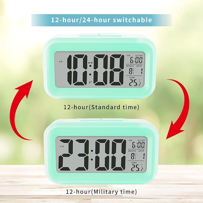 Digital Alarm Clock with Indoor Temperature, Large LED Display, 12/24H, Snooze Mode, Battery Operated Bedside Clock for Bedroom, Heavy Sleepers & Kids,Green