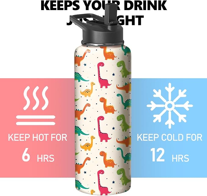 40oz Cute Dinosaur Water Bottle with Handle and Flip Straw, Animal Sports Stainless Steel Insulated Cup Travel Coffee Mug Tumbler, Birthday Mothers Day Chritmas Gifts for Women