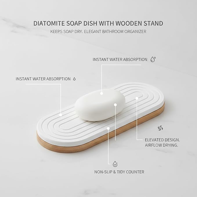 Bathroom Sink Counter Organizer, Diatomite Soap Dish with Wooden Stand, Stone Tray for Bar Soap (1 PC)