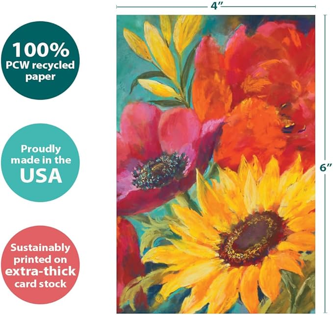 Tree-Free Greetings - All Occasion Cards - Artful Designs - 12 Greeting Cards + White Envelopes - Made in USA - 100% Recycled Paper - 4 x 6 - Vibrant Flowers on Blue (FS56714)