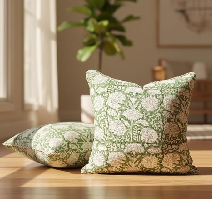 ATOSII Block Print Boho Throw Pillow Covers, 20 X 20, Set of 2, Decorative Couch Pillows for Living Room, 100% Cotton Canvas Acccent Pillows, Christmas Thanksgiving Fall Preppy Throws - Jade
