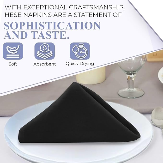 Set of 12 Cloth Napkins, 18 X 18 Inches, 100% Cotton Premium Quality Cloth Napkins with Mitered Corners Ultra Soft Absorbent Dinner Table Cloth Decor Oversized Napkins for Parties, Black