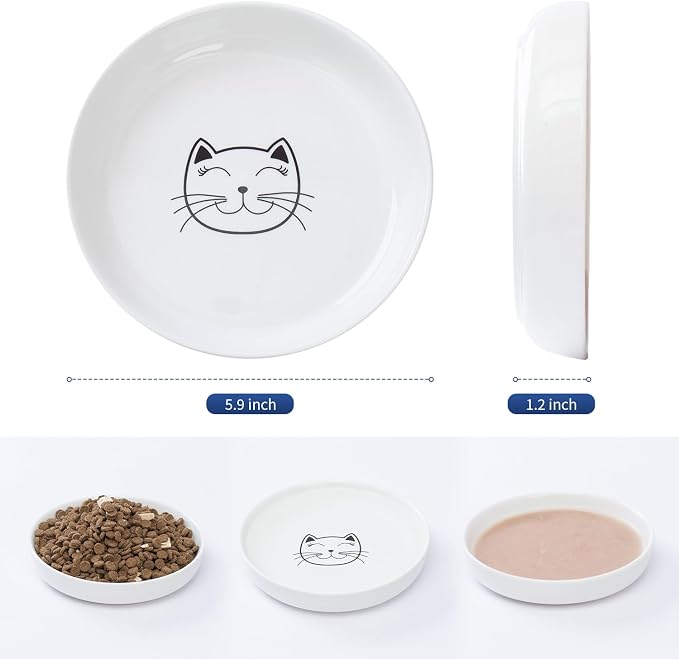 Lusifaco Shallow Cat Food Bowls, 5.9 Inch Wide Ceramic Cat Dish for Indoor Cat,Anti Whisker Fatigue Cat Dishes Set, Kitten Plates for Food and Water,Non-Slip Silicone Mat,3 Pack(Pink)