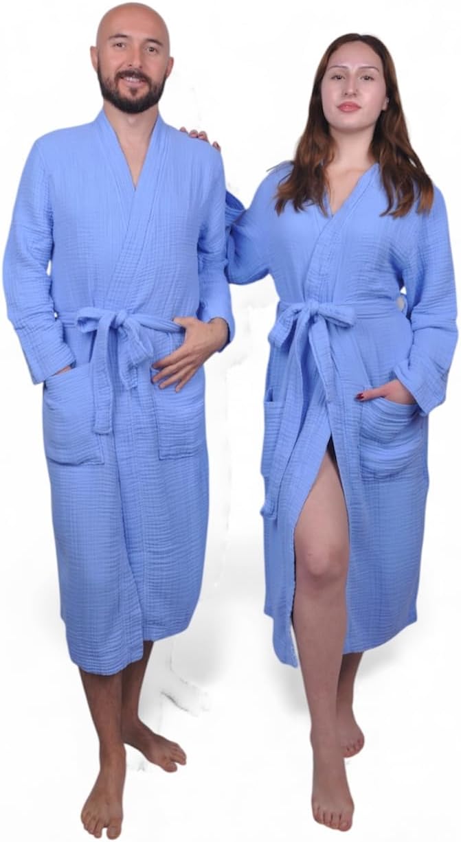 Muslin Bathrobe - Cotton Gauze Robe for Women and Men - Lightweight Breathable Summer Kimono - Boho Spa/Maternity Robe